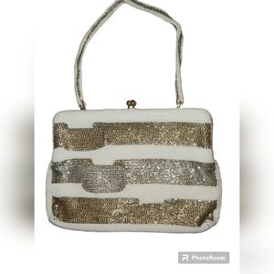 Vintage 1960's White and Gold Beaded Korean Clutch Purse With Detachable Strap